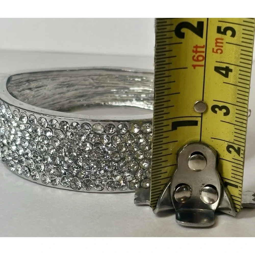 Vintage Silvertone Crystal Wide Hinged Bangle Bracelet